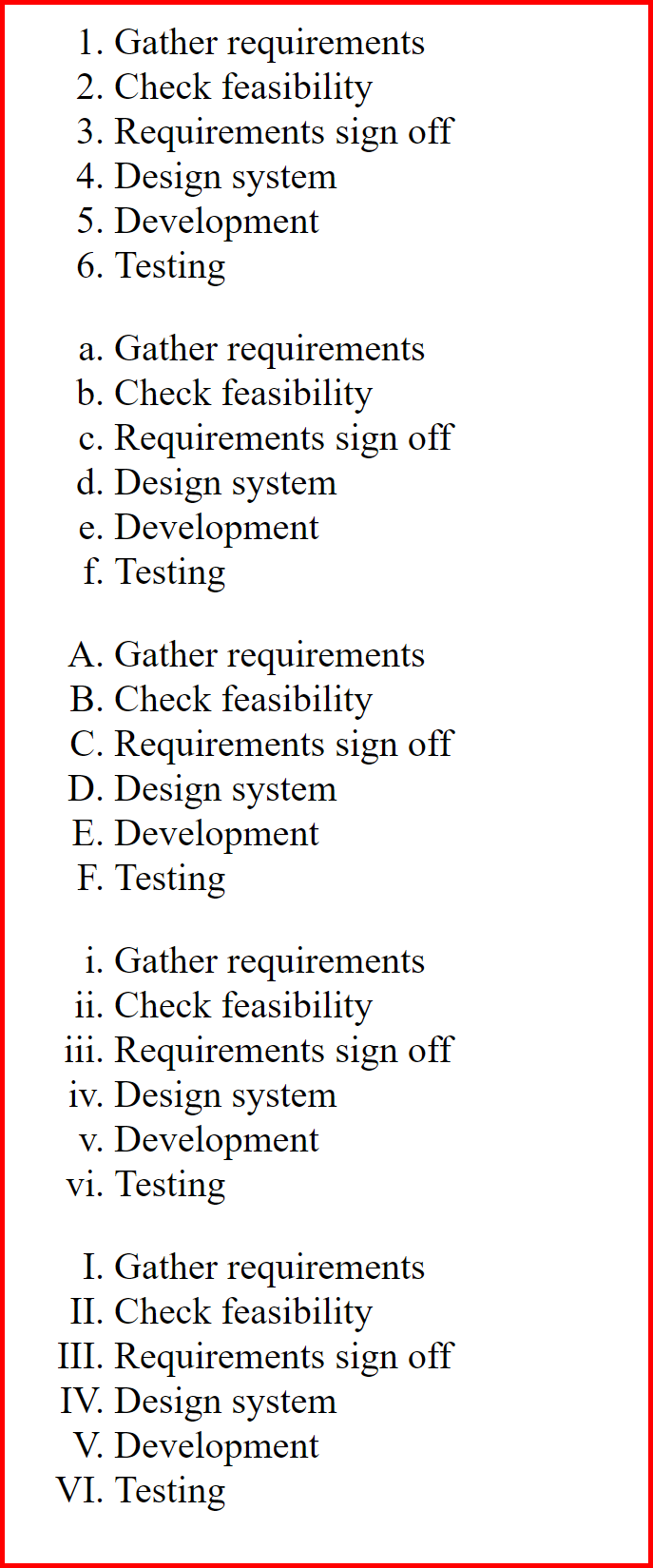 Picture showing the output of the ordered list with type attribute